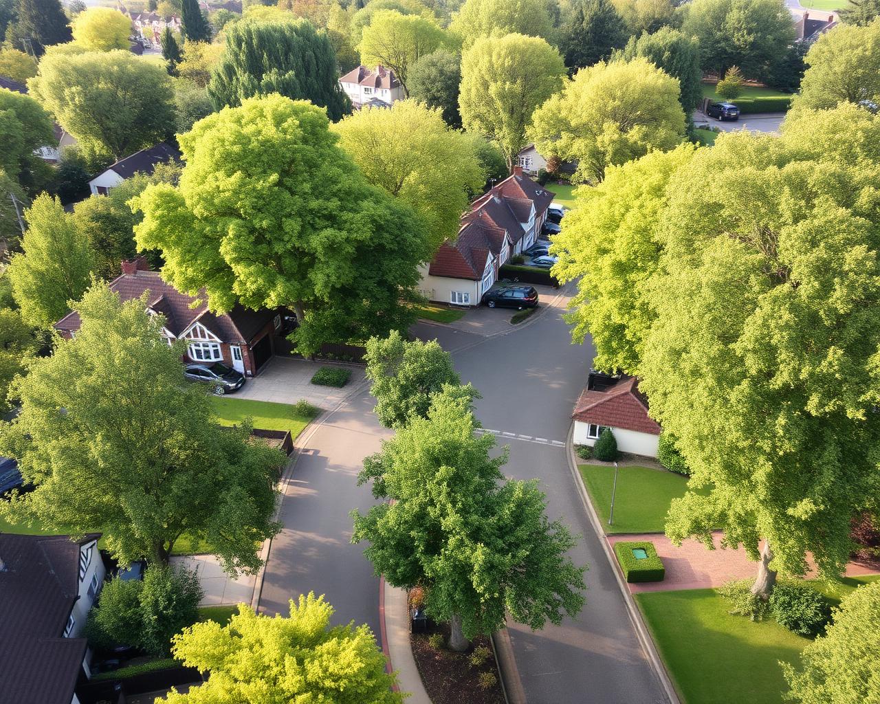 Leafy London and Surrey suburban street with paved driveways