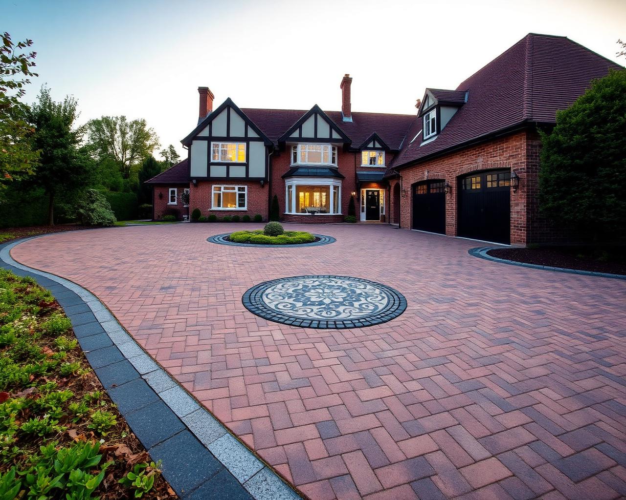 Large block paved driveway with decorative circle feature at a detached house