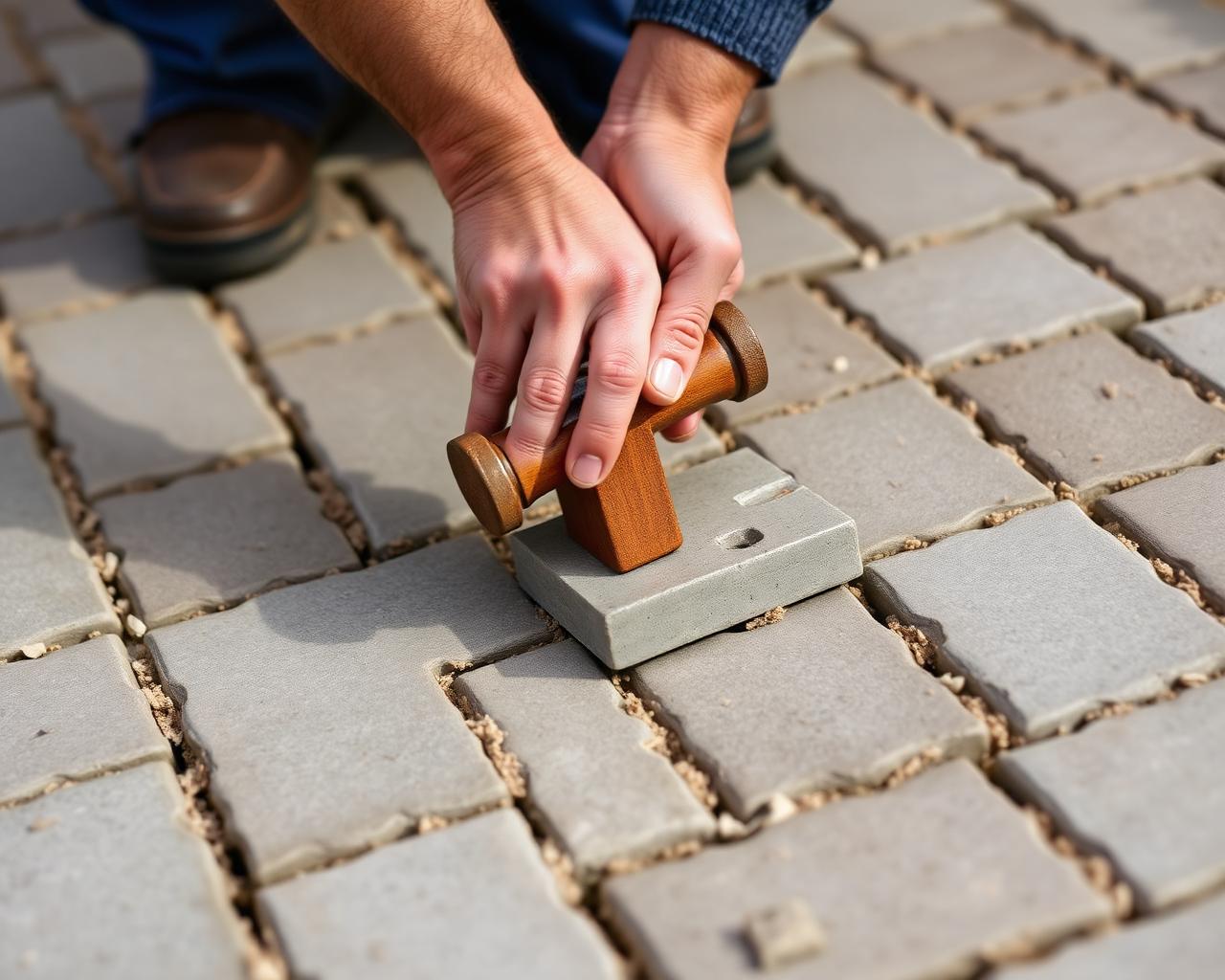 Block paving being hand-laid and levelled with a rubber mallet