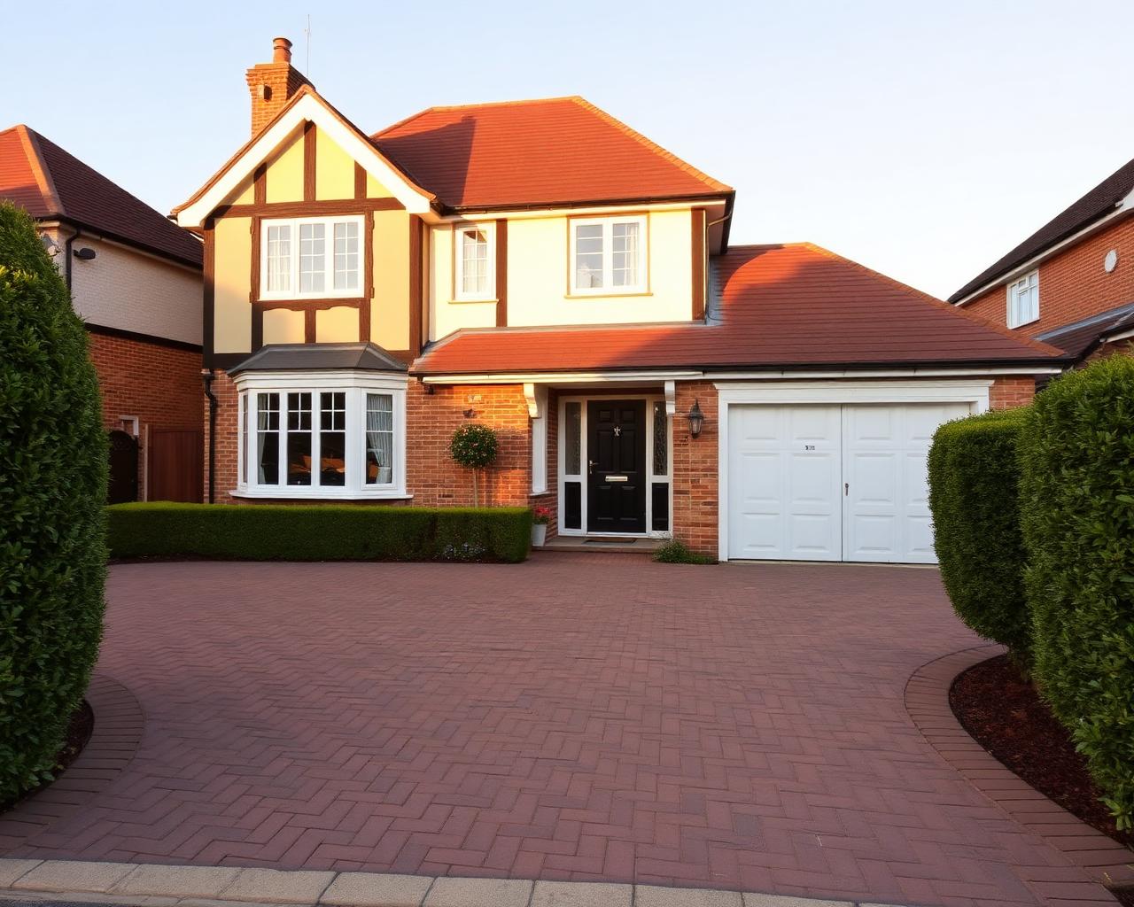 Completed block paved driveway in front of a smart residential home