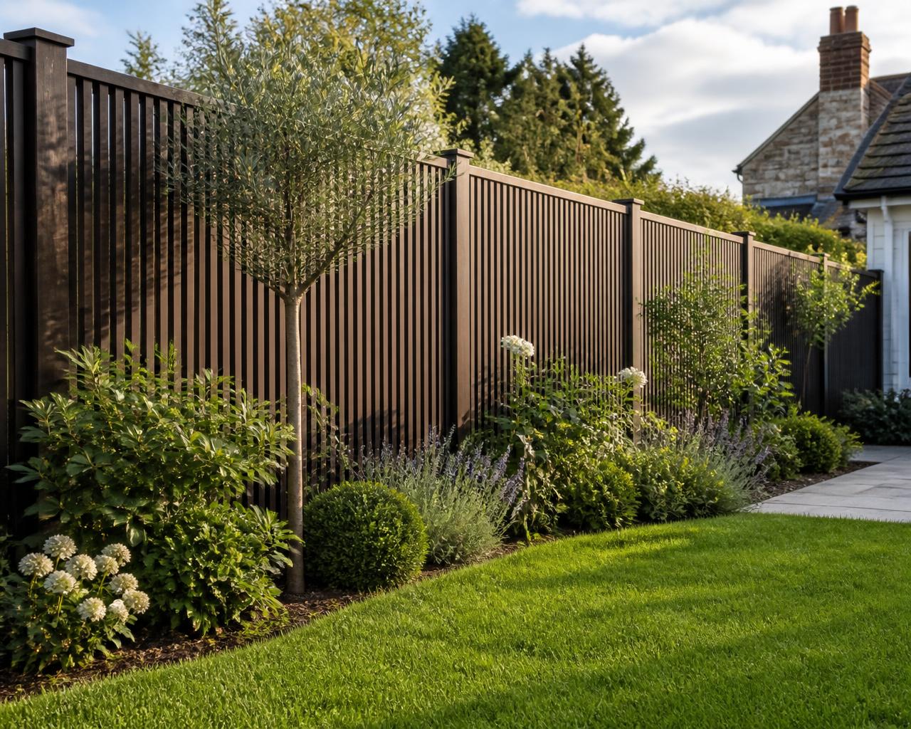 Smart dark-stained slatted timber garden fencing along a landscaped boundary