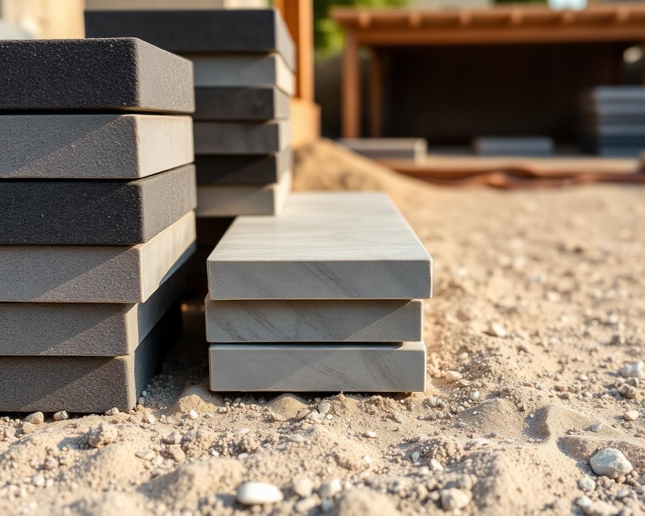 Premium charcoal block pavers and porcelain slabs stacked on a work site