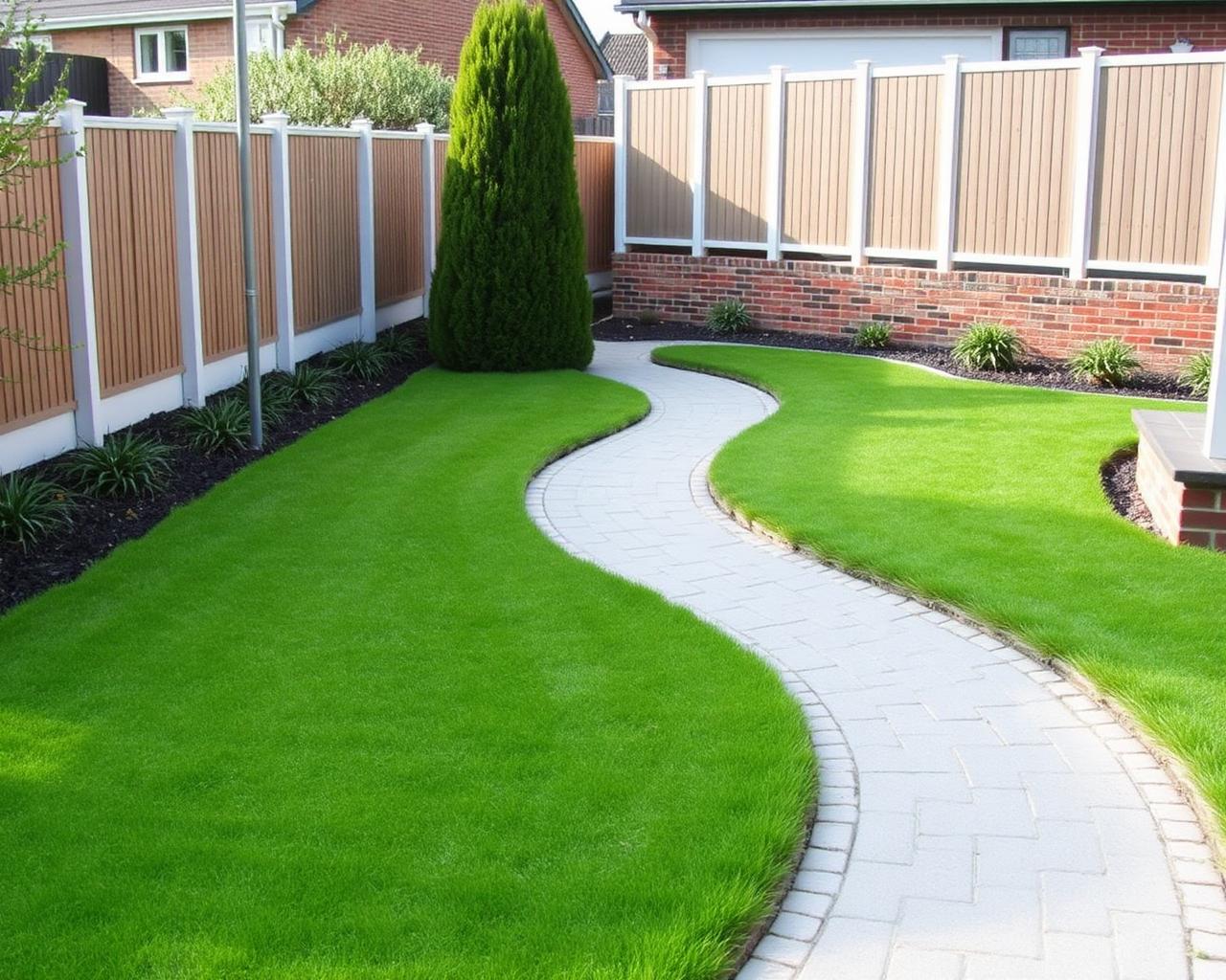 Curved paved garden path with brick retaining wall beside a lawn