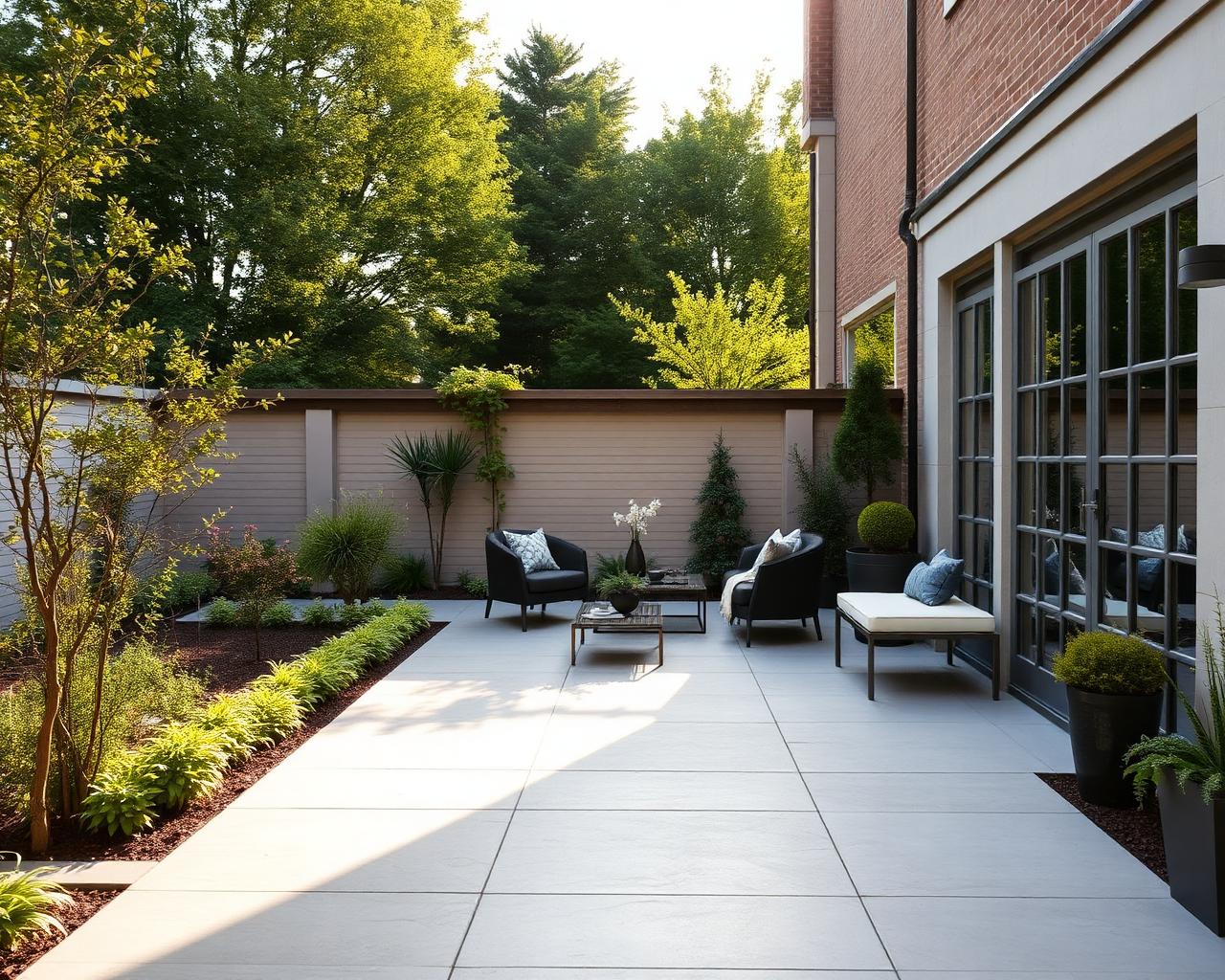 Finished porcelain patio with seating area in a landscaped garden