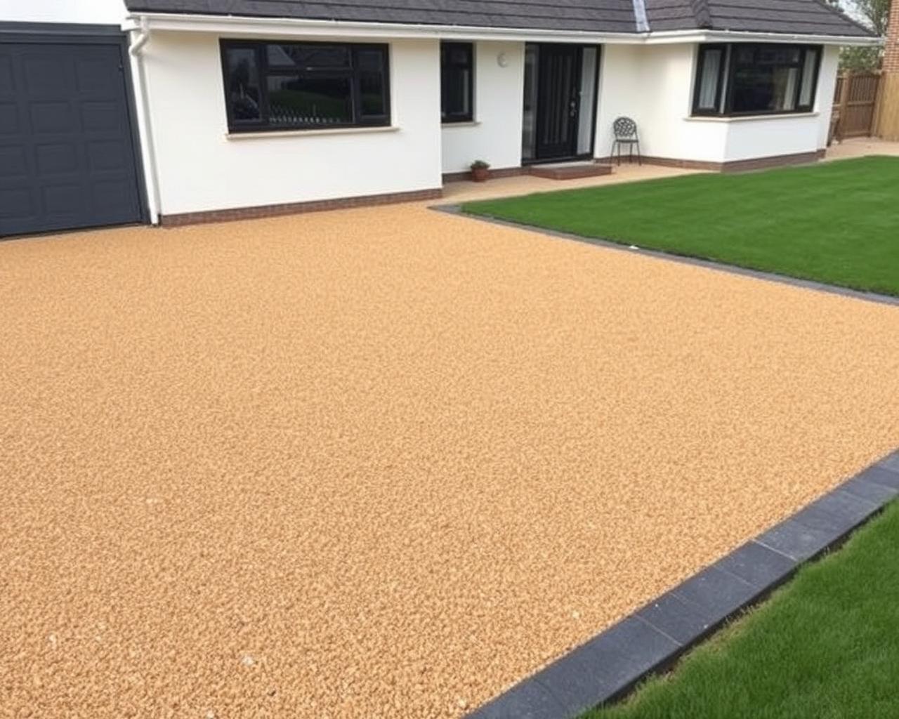 Resin bound gravel driveway with a crisp edge against a lawn
