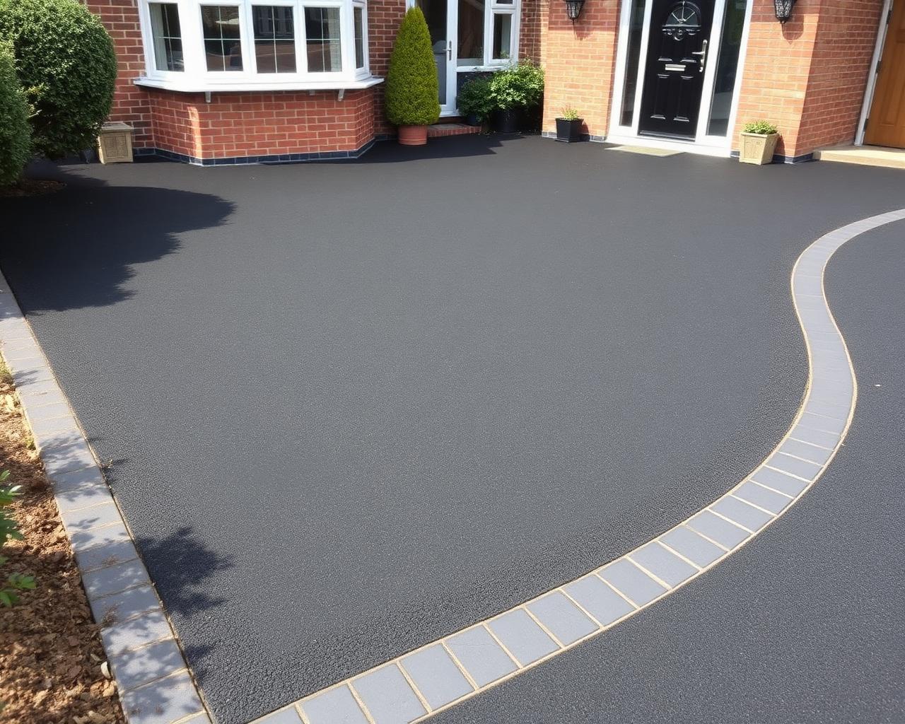 Freshly laid smooth black tarmac driveway with a grey block paved border