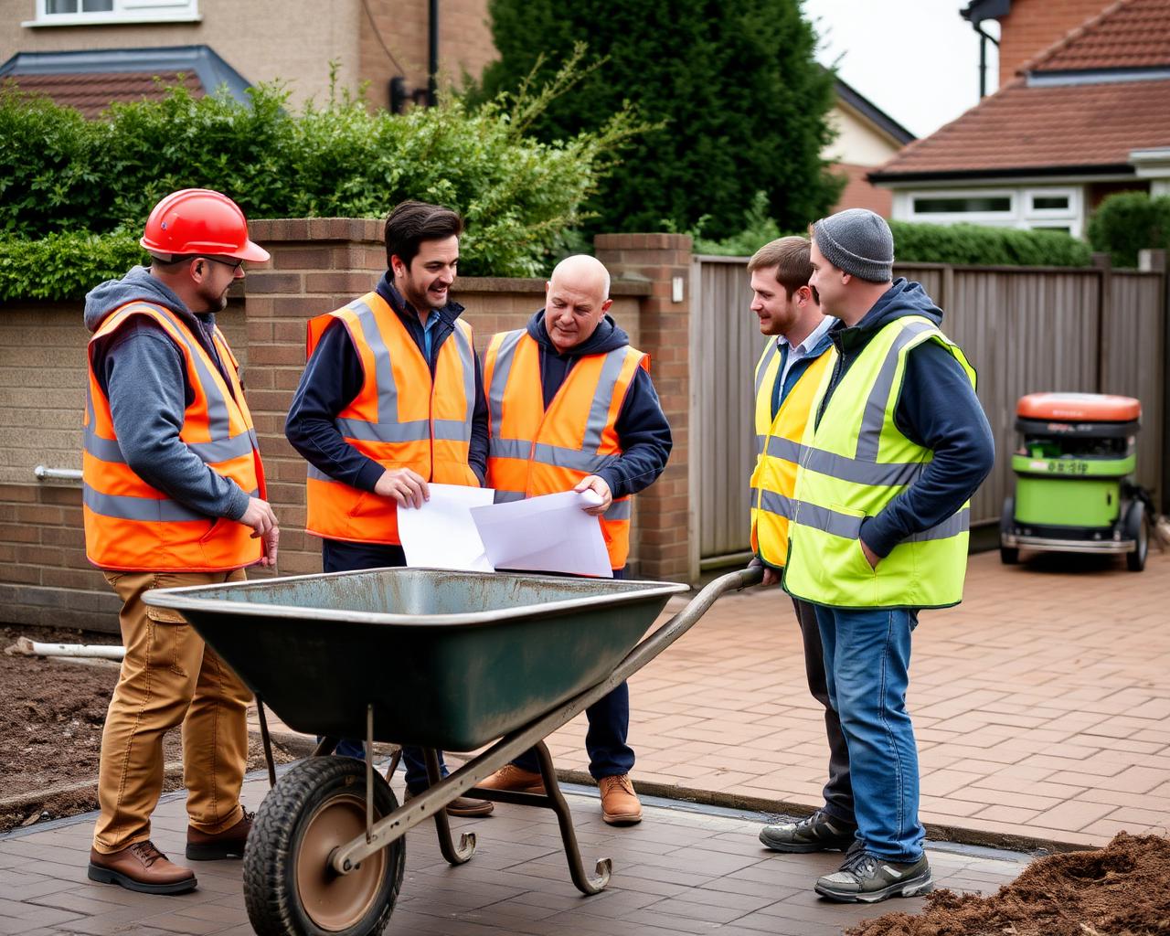 Small paving crew in high-vis vests reviewing plans on a residential driveway